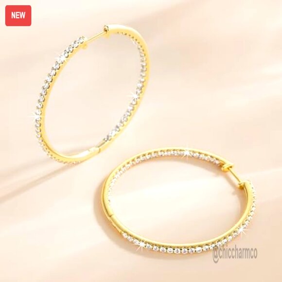 Large 40mm 14K Gold Hoop Earrings with Cubic Zirconia, Hypoallergenic - Picture 4 of 8